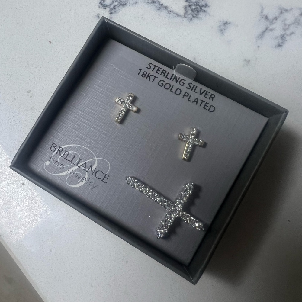 Silver and Gold Cross Earrings Set with Cross Pendant